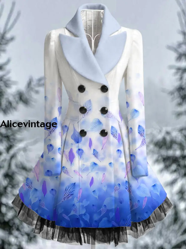 Feather Print Vintage Elegant Lapel V-Neck Button Up Long Sleeve Coat Dress A / S