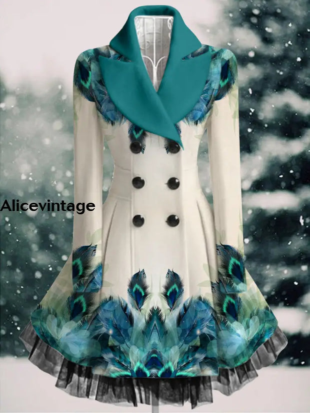 Feather Print Vintage Elegant Lapel V-Neck Button Up Long Sleeve Coat Dress A / S