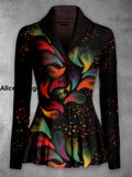 Feather Print Vintage Elegant Lapel V-Neck Button Up Long Sleeve Top A / S