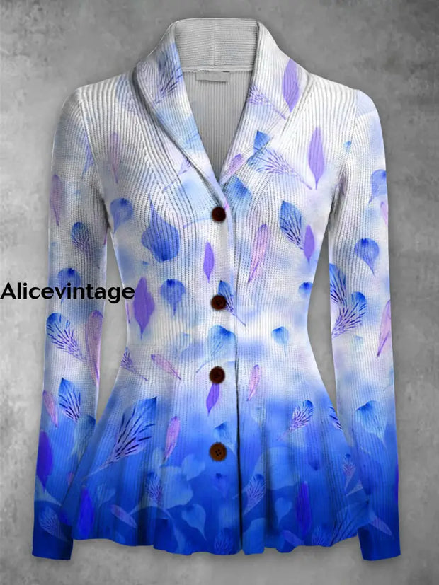 Feather Print Vintage Elegant Lapel V-Neck Button Up Long Sleeve Top A / S