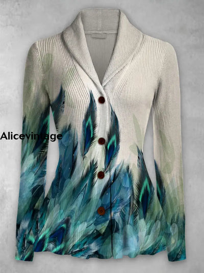 Feather Print Vintage Elegant Lapel V-Neck Button Up Long Sleeve Top A / S