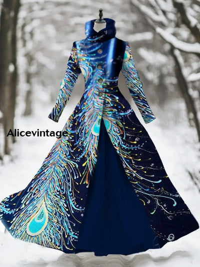 Feather Print Vintage Elegant Long Sleeve Fake Two Piece Maxi Dress A / S