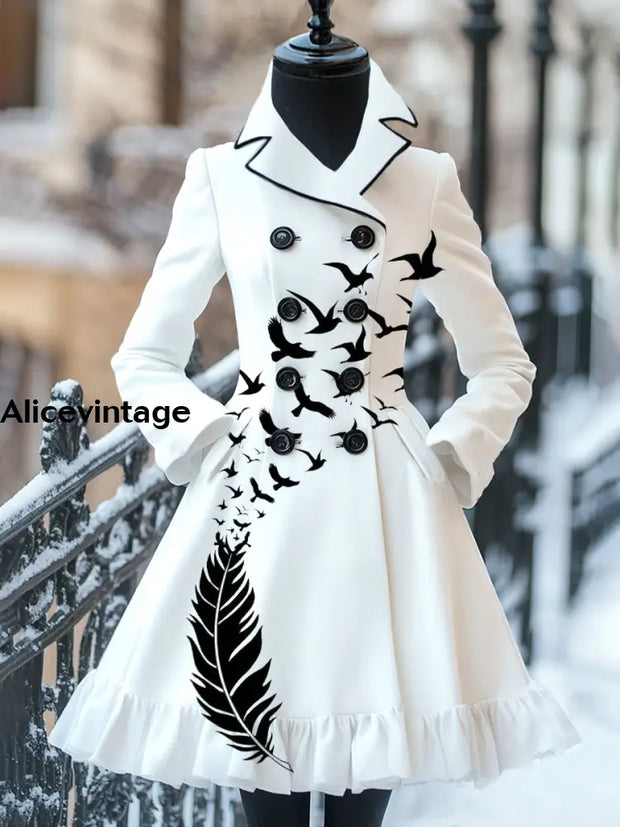 Feather Print Vintage Elegant Stand-Up Collar Long Sleeve Coat Dress A / S