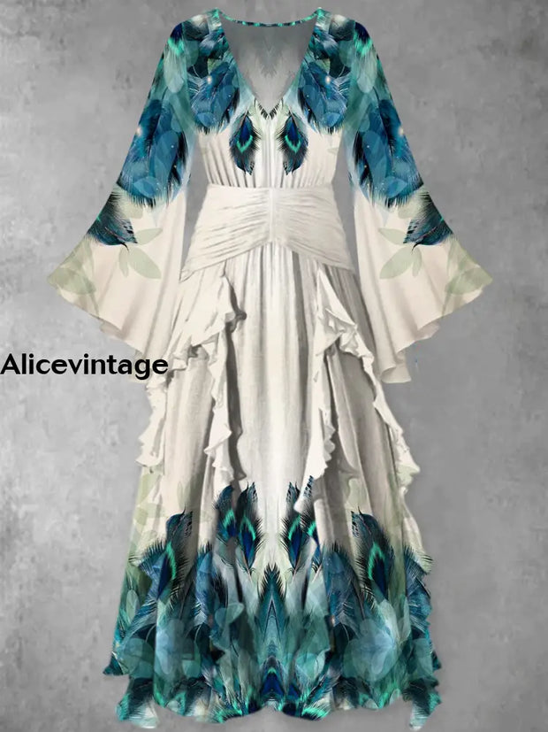 Feather Print Vintage Elegant V-Neck Chic Long Sleeve Maxi Dress A / S