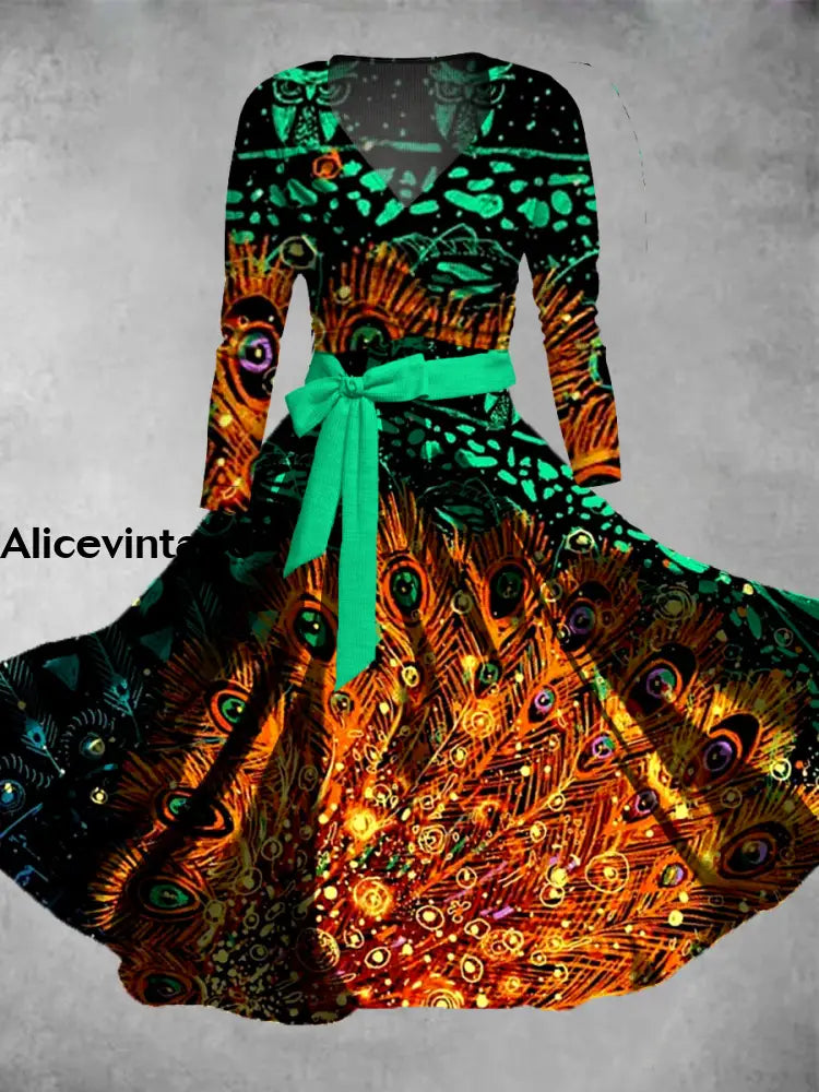 Feather Print Vintage V-Neck Long Sleeve Two-Piece Midi Dress A / S