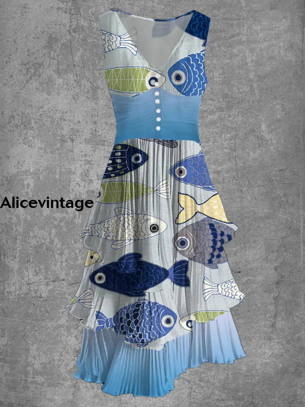 Fish Art Print Sleeveless V-Neck Button Up Retro Midi Dress A / M