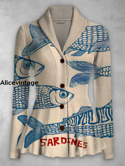 Fish Art Print Vintage Elegant Lapel V-Neck Button Up Long Sleeve Top A / S