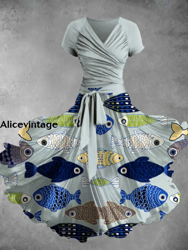 Fish Art Print Vintage V-Neck Short Sleeve Two-Piece Midi Dress A / S