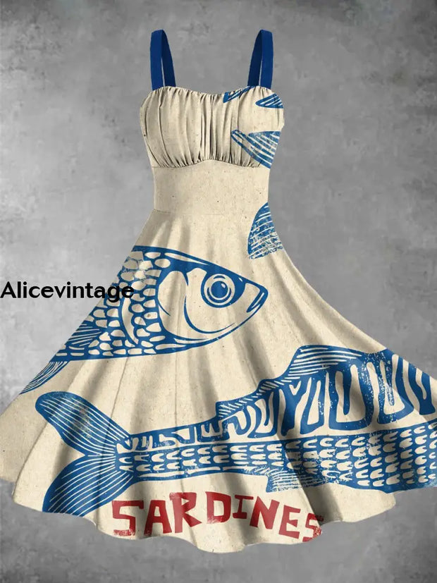 Fish Art Print Vintage V-Neck Sleeveless Midi Dress Picture Color / Xs