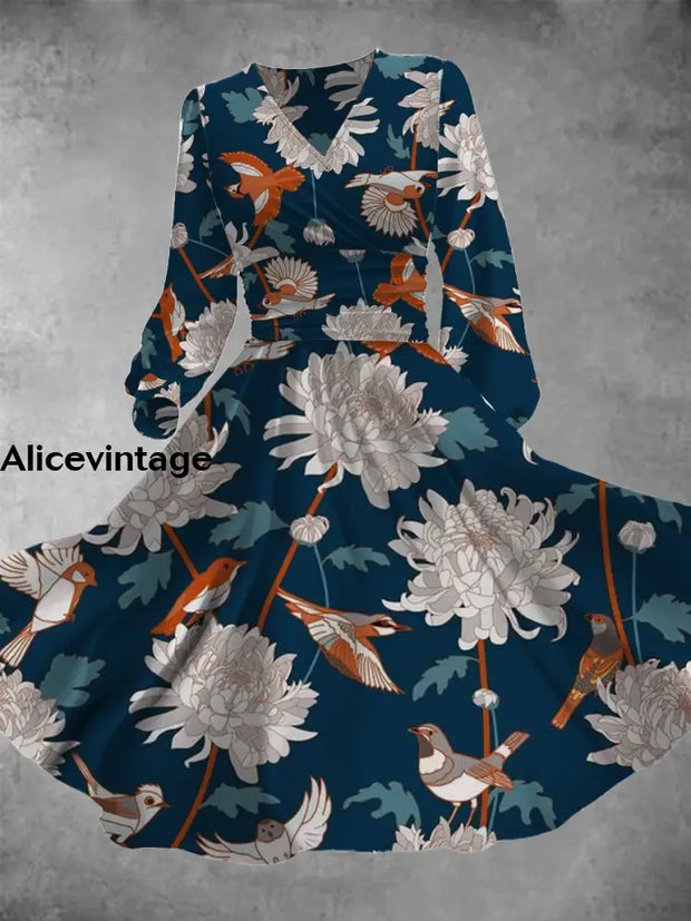 Floral Animal Art Print Vintage Elegant V-Neck Long Sleeve Midi Dress A / S