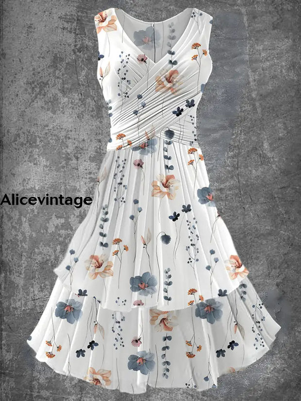 Floral Art Print 50S Elegant Chic Sleeveless Retro Midi Dress A / S