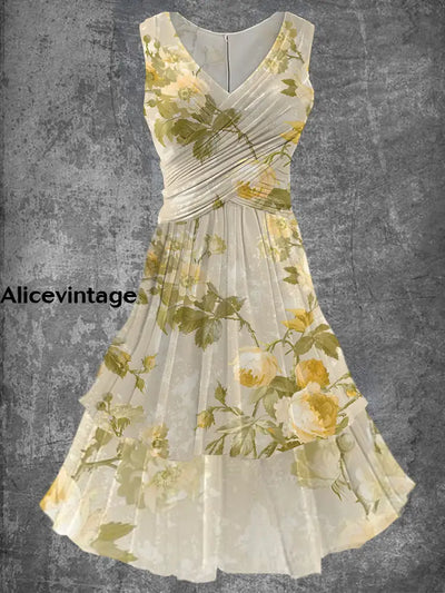 Floral Art Print 50S Elegant Chic Sleeveless Retro Midi Dress A / S