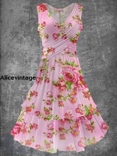 Floral Art Print 50S Elegant Chic Sleeveless Retro Midi Dress A / S