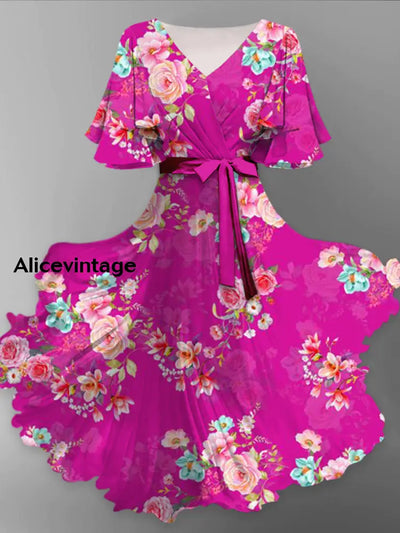 Floral Art Print Chic V-Neck Short Sleeve Vintage Fashion Midi Dress A / S