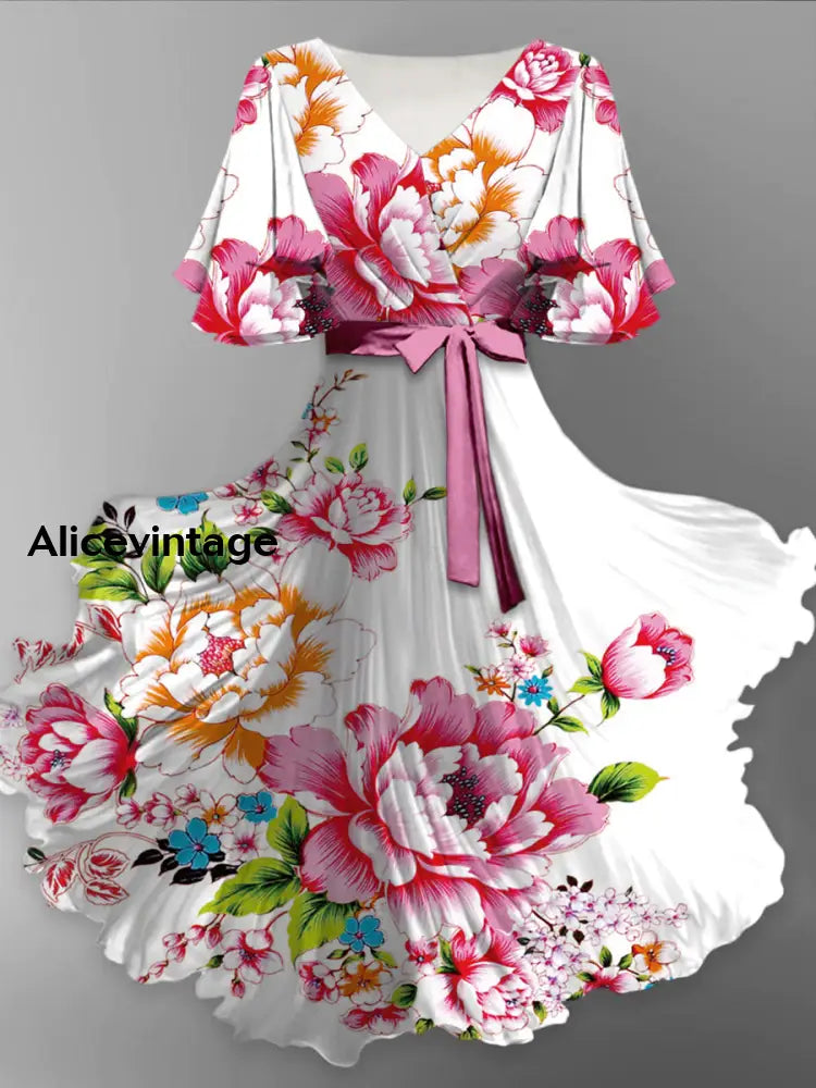 Floral Art Print Chic V-Neck Short Sleeve Vintage Fashion Midi Dress A / S