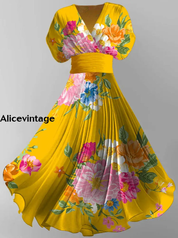 Floral Art Print Elegant V-Neck Chic Short Sleeve Vintage Maxi Dress A / S