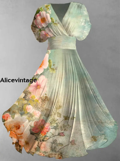 Floral Art Print Elegant V-Neck Chic Short Sleeve Vintage Maxi Dress A / S