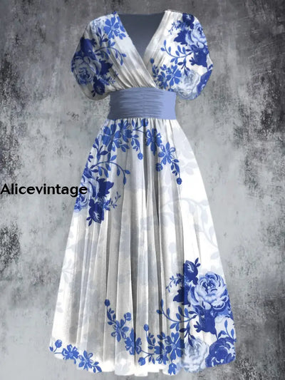 Floral Art Print Elegant V-Neck Vintage Chic Short Sleeve Maxi Dress A / S