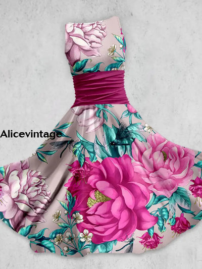 Floral Art Print Elegant Vintage Chic Sleeveless Tank Midi Dress A / S