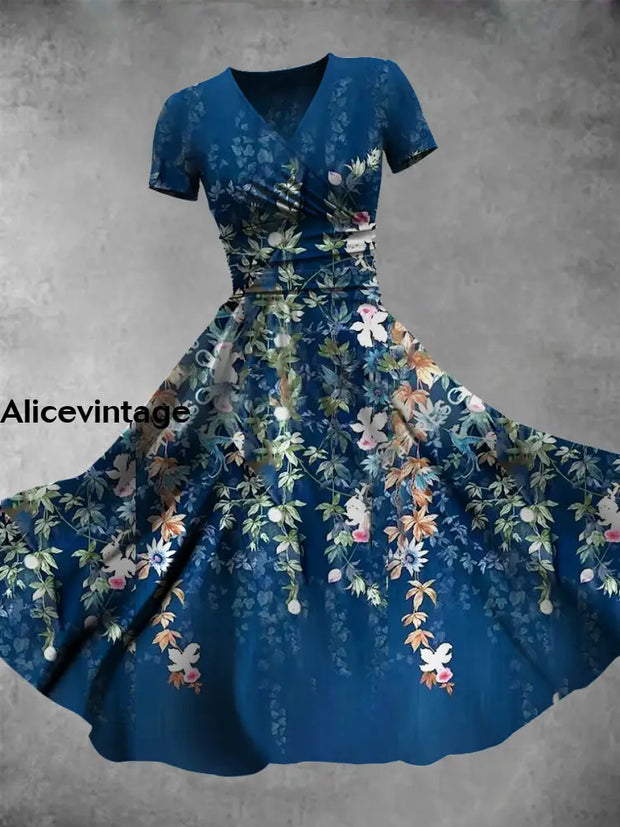 Floral Art Print Elegant Vintage Chic V-Neck Short Sleeve Midi Dress A / S