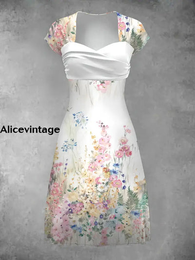 Floral Art Print Elegant Vintage Midi Dress