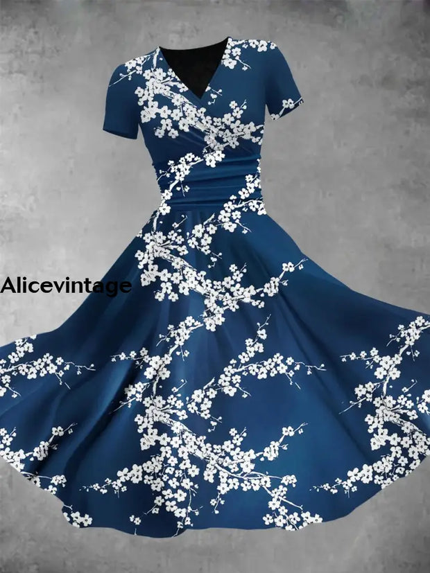 Floral Art Print Retro Chic V Neck Short Sleeve Elegant Blue Midi Dress