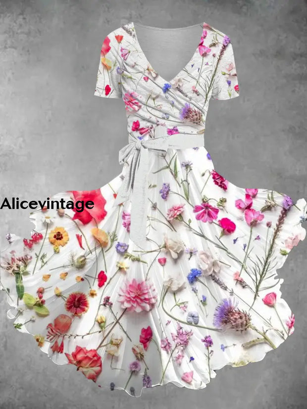 Floral Art Print Retro V-Neck Short Sleeve Two Piece Midi Dress A / S