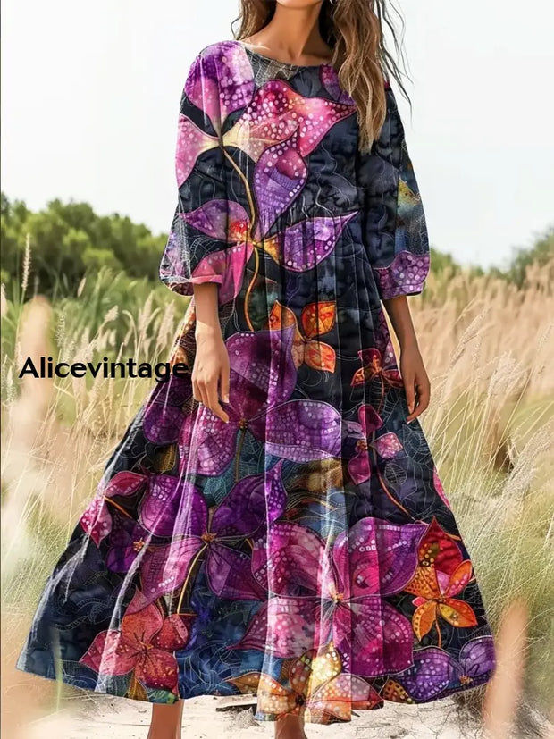 Floral Art Print Round Neck Long Sleeve Midi Dress A / S