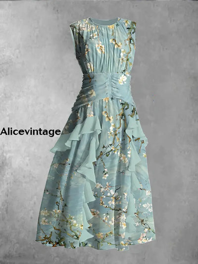 Floral Art Print Round Neck Sleeveless Vintage Maxi Dress