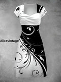 Floral Art Print Short Sleeve Retro Midi Dress A / S
