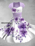 Retro Floral Art Printed Vintage V-Neck Pleated Waist Short Sleeve Midi Dress A / S