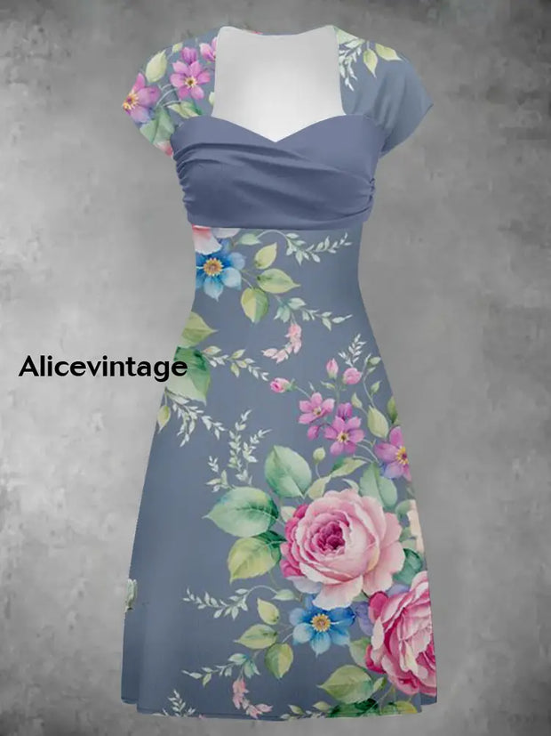 Retro Floral Art Printed Vintage V-Neck Pleated Waist Short Sleeve Midi Dress A / S