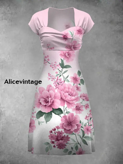 Retro Bohemian Style Art Print Elegant Chic Short-Sleeved Temperament Dress A / S