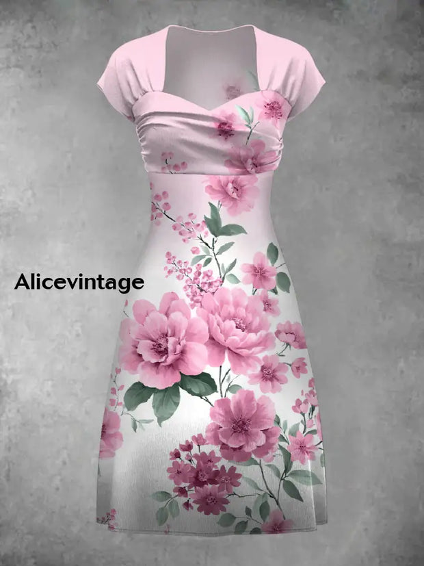 Retro Bohemian Style Art Print Elegant Chic Short-Sleeved Temperament Dress A / S