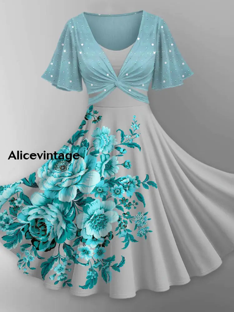 Floral Art Print Short Sleeve Vintage Two-Piece Midi Dress A / S