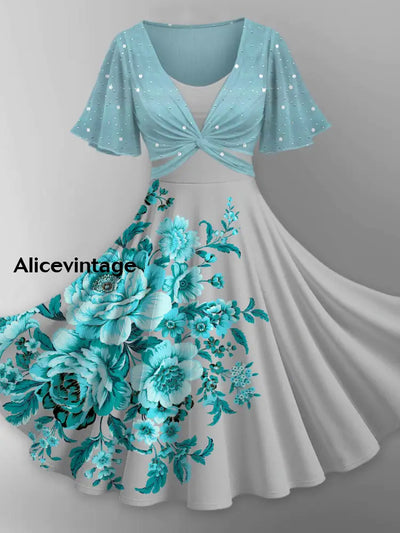 Floral Art Print Short Sleeve Vintage Two-Piece Midi Dress A / S