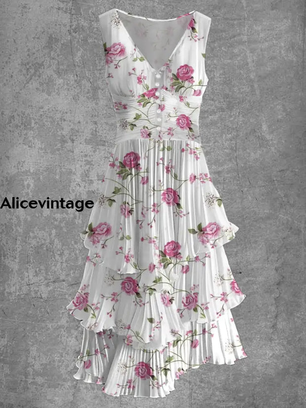 Floral Art Print Sleeveless V-Neck Button Up Retro Midi Dress