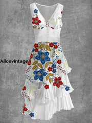 Floral Art Print Sleeveless V-Neck Button Up Retro Midi Dress