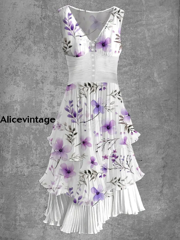 Floral Art Print Sleeveless V-Neck Button Up Retro Midi Dress A / M