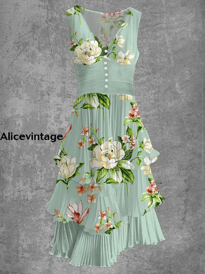 Floral Art Print Sleeveless V-Neck Button Up Retro Midi Dress A / M