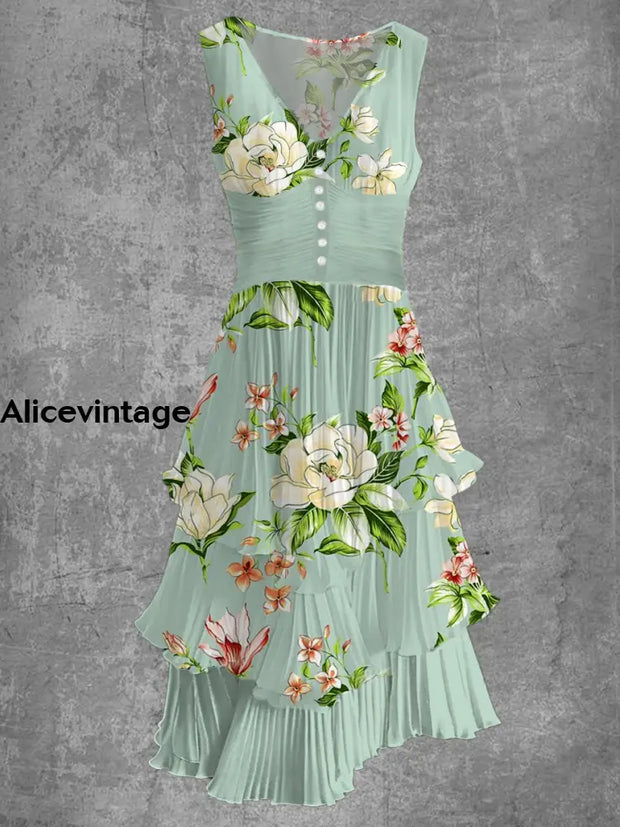 Floral Art Print Sleeveless V-Neck Button Up Retro Midi Dress A / M