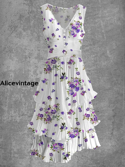 Floral Art Print Sleeveless V-Neck Button Up Retro Midi Dress A / M