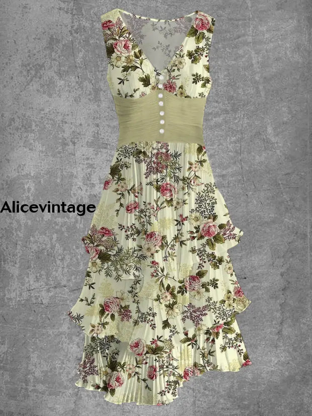 Floral Art Print Sleeveless V-Neck Button Up Retro Midi Dress A / M