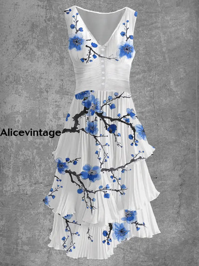 Floral Art Print Sleeveless V-Neck Button Up Retro Midi Dress A / S