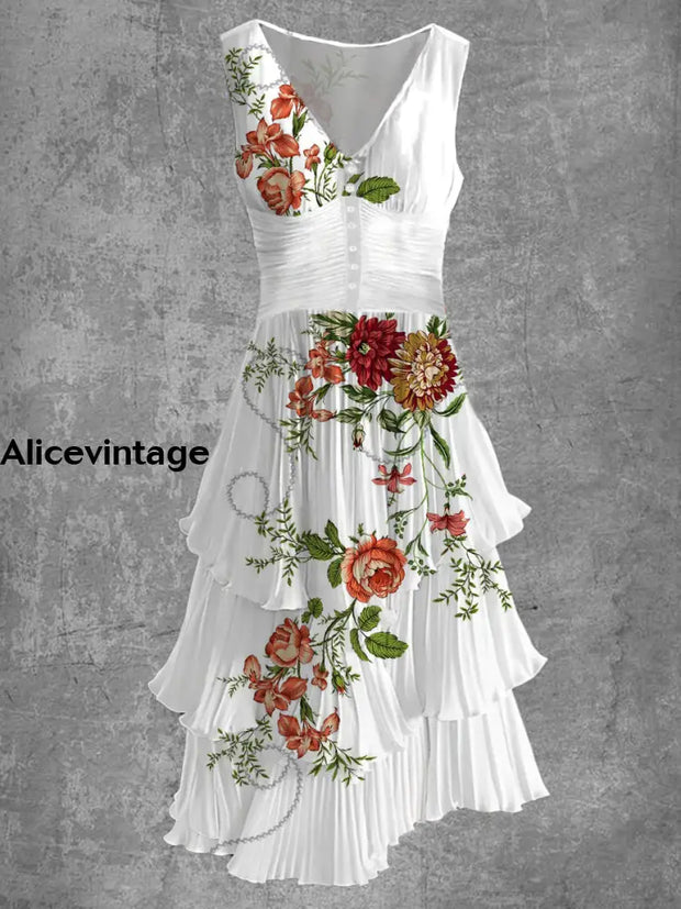 Floral Art Print Sleeveless V-Neck Button Up Retro Midi Dress A / S