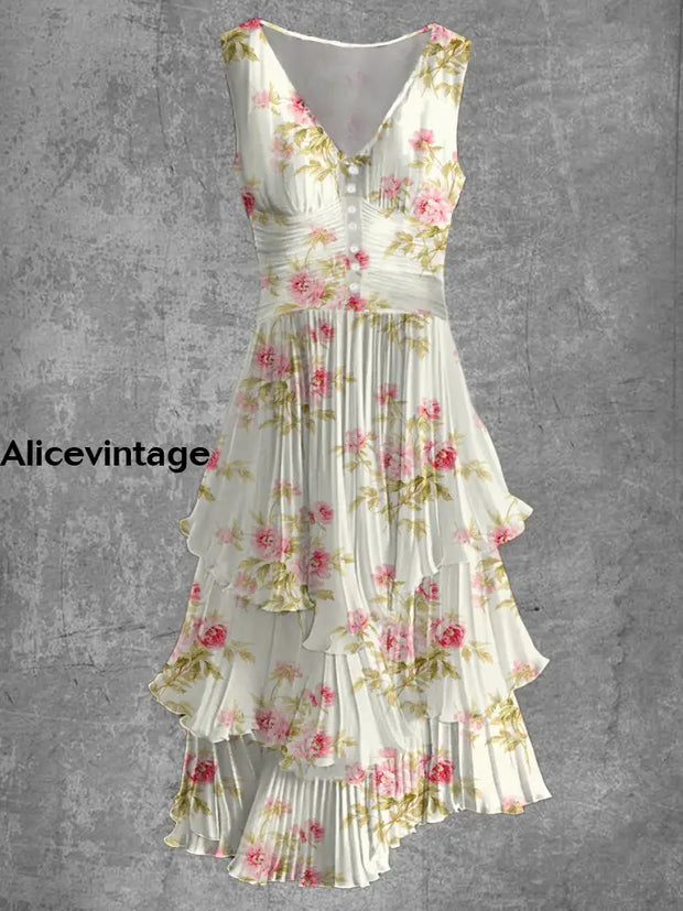 Floral Art Print Sleeveless V-Neck Button Up Retro Midi Dress A / S