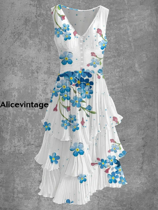 Floral Art Print Sleeveless V-Neck Button Up Retro Midi Dress A / S