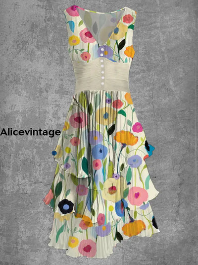 Floral Art Print Sleeveless V-Neck Button Up Retro Midi Dress A / S