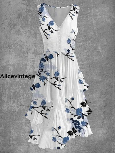 Floral Art Print Sleeveless V-Neck Button Up Retro Midi Dress A / S