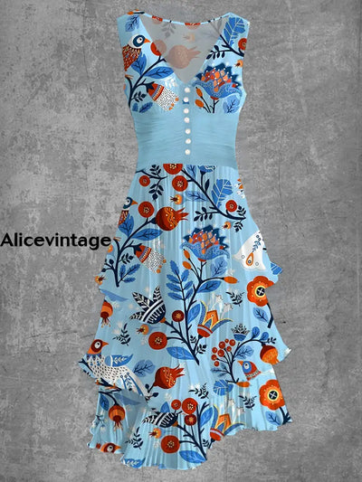 Floral Art Print Sleeveless V-Neck Button Up Retro Midi Dress A / S